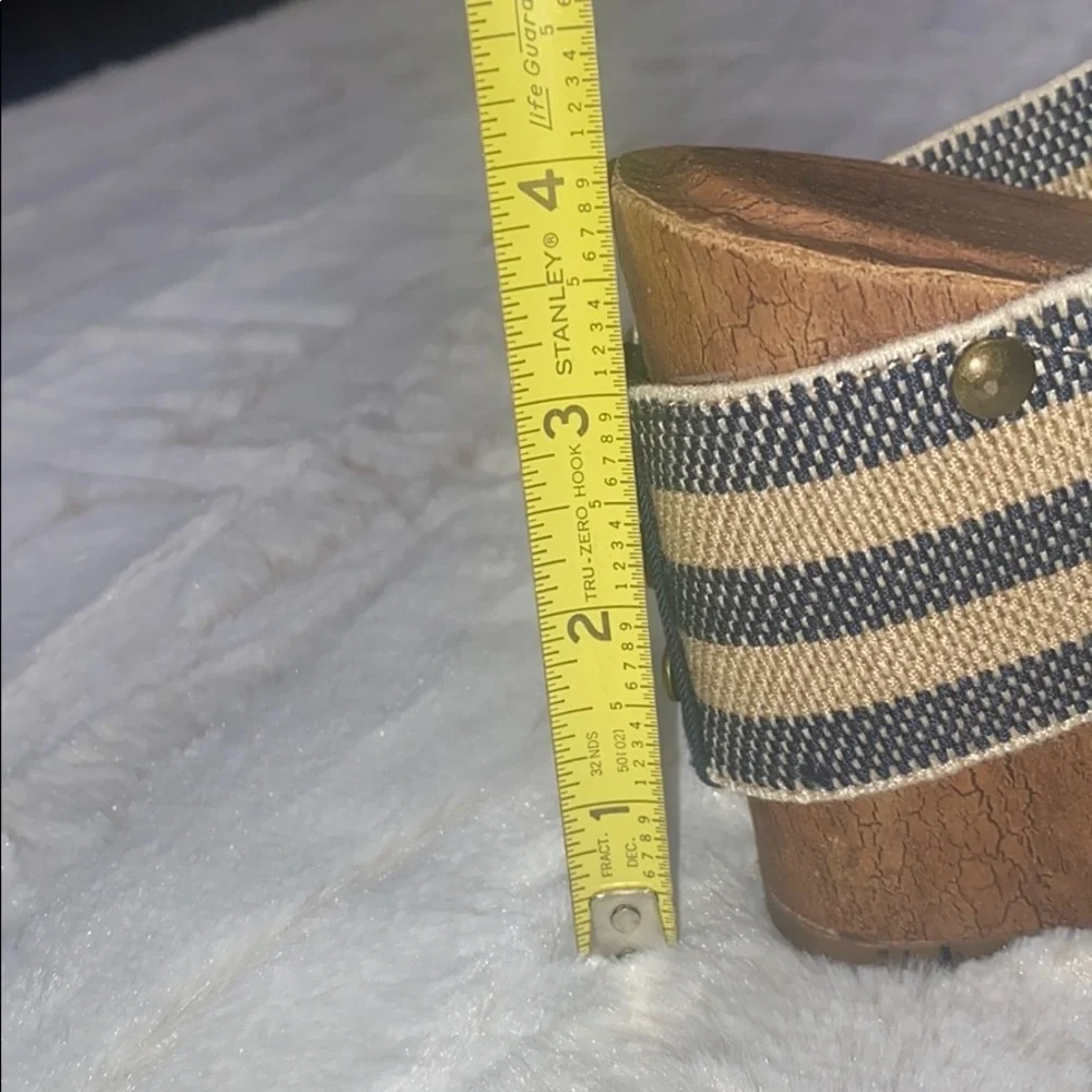 Cato Blue & Striped Wedge Sandals With Faux Wood Sole & Stud Detail Size 8M